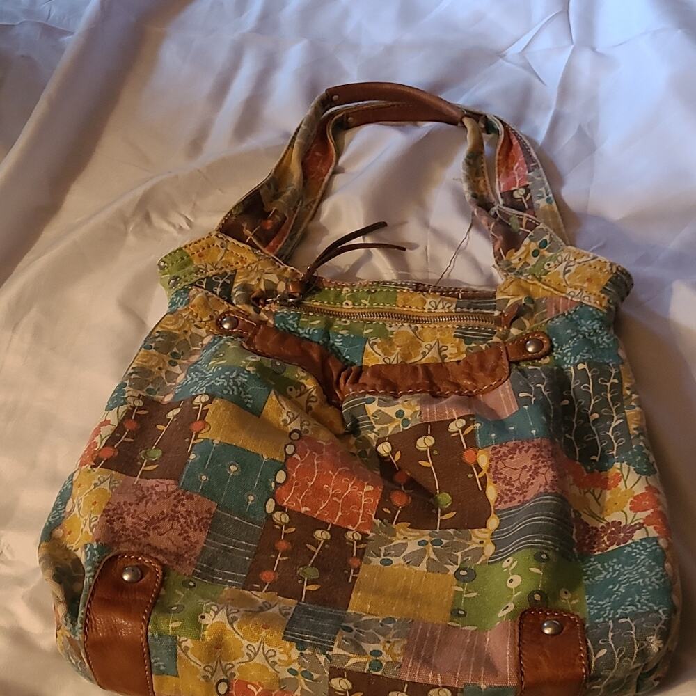 Fossil Multicolor Patchwork Tote Shoulder Bag Zip Top Lined Inner Pockets Gold